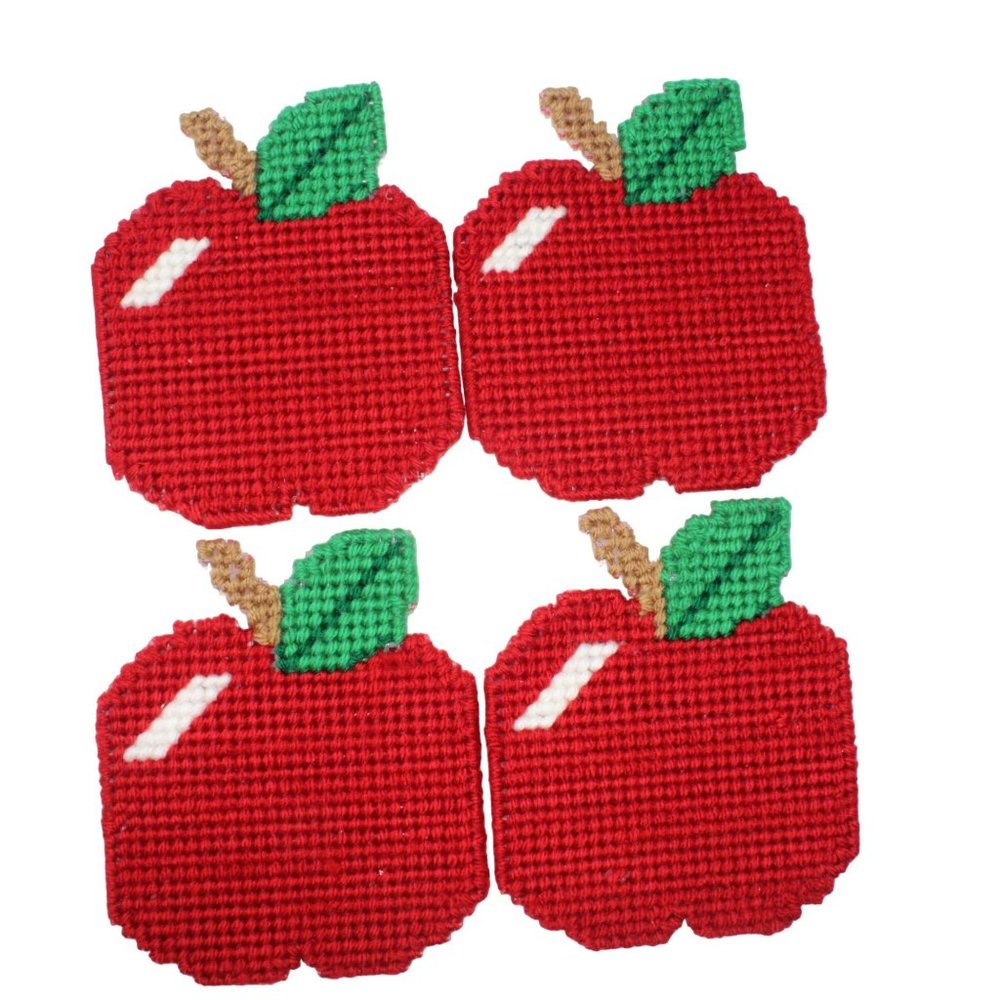 Handmade Bright Red Apple Stitched Yarn Needlepoint Plastic Canvas Coasters